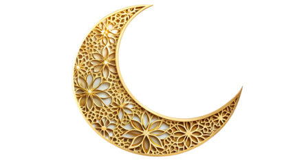 Golden crescent moon with intricate floral patterns isolated on transparent background, symbolizing ramadan and eid celebrations with elegance