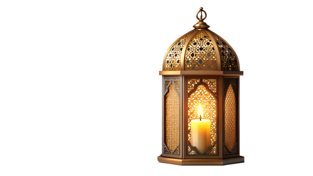 Golden ramadan lantern isolated on transparent background, casting a warm glow, perfect for eid and islamic celebrations, with intricate details