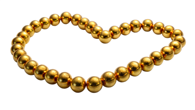 Golden beads arranged in a heart shape isolated on transparent background, symbolizing love, affection, and preciousness in a simple yet elegant design