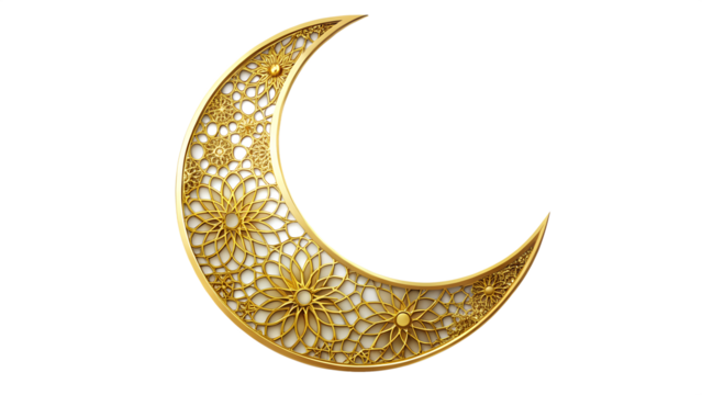 Golden crescent moon with intricate star patterns isolated on transparent background, representing islamic culture, ramadan, and celestial beauty