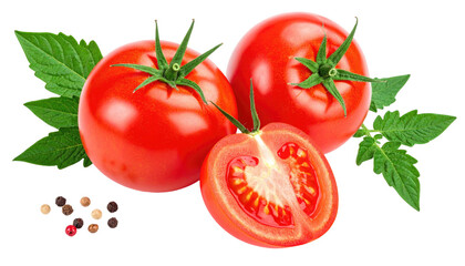Two whole, red tomatoes and a half, with green leaves and peppercorns