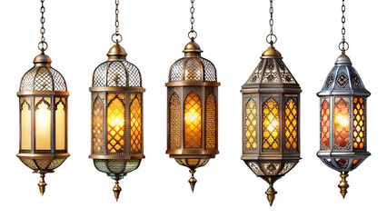 Collection of ornate ramadan lanterns isolated on transparent background, showcasing the intricate designs and warm glow of these traditional islamic decorations