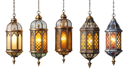 Collection of ornate ramadan lanterns isolated on transparent background, showcasing the intricate designs and warm glow of these traditional islamic decorations