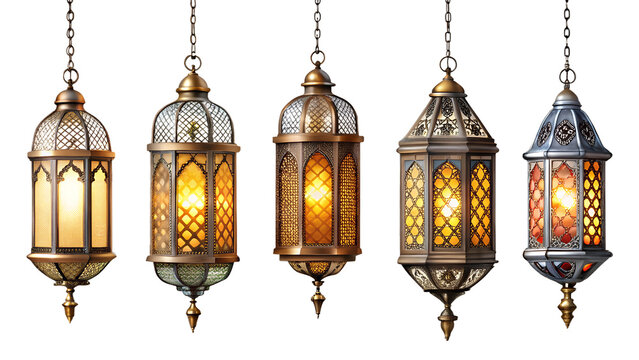 Collection of ornate ramadan lanterns isolated on transparent background, showcasing the intricate designs and warm glow of these traditional islamic decorations