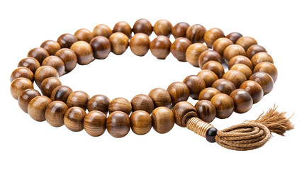 Obraz premium Wooden prayer beads isolated on transparent background, a string of round, smooth beads used for meditation and religious practice, with a tassel