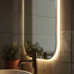 Minimalist, Modern bathroom interior, Interior design of a modern bathroom with a large mirror.
