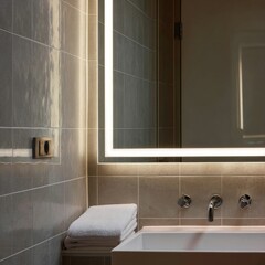Minimalist, Modern bathroom interior, Interior design of a modern bathroom with a large mirror.
