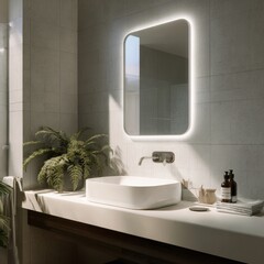 Minimalist, Modern bathroom interior, Interior design of a modern bathroom with a large mirror.
