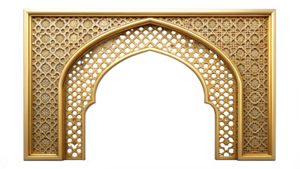 Golden ornate archway with intricate geometric patterns, isolated on transparent background, perfect for adding a touch of elegance to any design project
