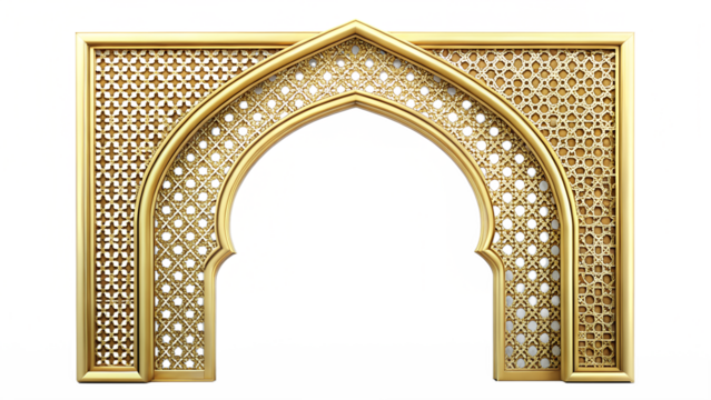 Golden ornate archway with intricate geometric patterns, isolated on transparent background, perfect for adding a touch of elegance to any design project - Powered by Adobe