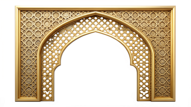 Golden ornate archway with intricate geometric patterns, isolated on transparent background, perfect for adding a touch of elegance to any design project
