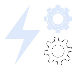 Lightning bolt and two gears, one outlined, symbolizing energy, technology, mechanical processes, innovation, progress, collaboration development. Ideal for energy automation engineering