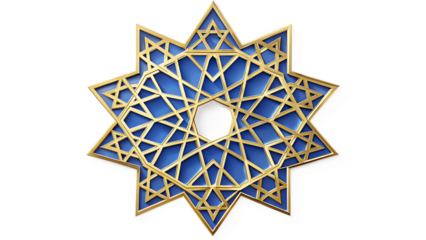 Geometric islamic star pattern in blue and gold, isolated on transparent background represents unity, harmony, and the beauty of islamic art