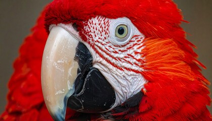 Close-up shot of a vibrant red macaw's face showcasing its details