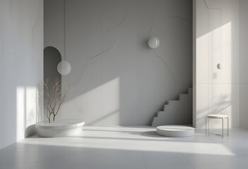 Serene Interior Design: A minimalist interior scene features a blend of textures and forms bathed in natural light.