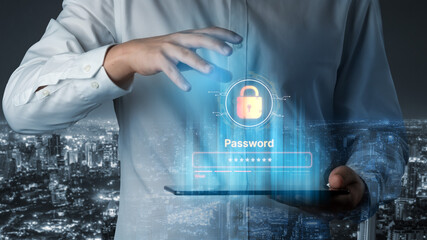 A concept of user authentication and password security. The interface shows a password strength...