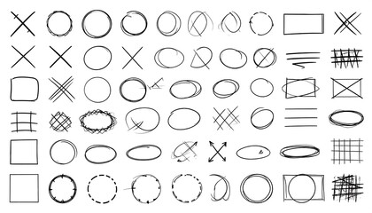 Collection of hand-drawn shapes, crosses, circles, squares, and scribbles illustrations