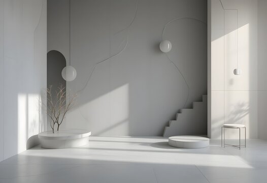 Serene Interior Design: A minimalist interior scene features a blend of textures and forms bathed in natural light.