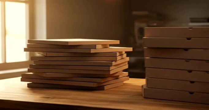 Stacked pizza boxes on a wooden table in a cozy kitchen