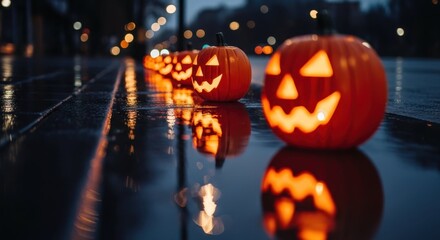 Obraz premium Halloween pumpkins glow brightly in line, reflecting on wet pavement. These Halloween pumpkins are placed for trick or treaters, adding spooky charm to celebrations.