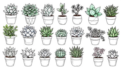 Collection of Hand-drawn Succulent Plants in Pots for Home Decor