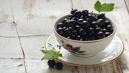 Close-up Shot of Fresh Blackcurrants in a Decorative Bowl on a Wooden Table