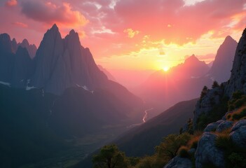 Breathtaking Mountain Top Sunrise Viewpoint Undulating Hills Firing Sky Color Gradient Over Valley Travel Adventure Exploration