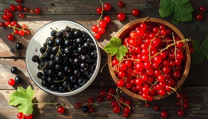 Close-up shot of blackcurrants and redcurrants in wooden bowls, top view