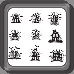 Spooky Round Halloween Logo with Haunted House and Flying Bat Silhouette   Vector Design