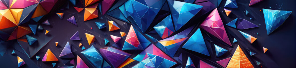 Vibrant abstract crystal pyramids and faceted gems in a dynamic deep space. A background of multicolored triangles.