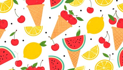 Colorful and Fun Summer Pattern with Fruits, Ice Cream Cones, and Dots