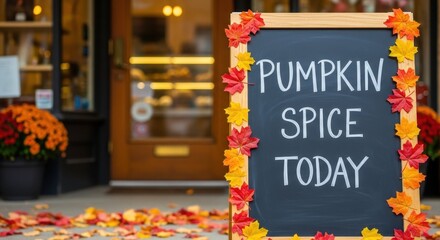 Pumpkin spice sign for autumn promotion, blackboard displays seasonal announcement. Pumpkin spice message announces offerings near store entrance. Festive pumpkin spice concept for autumn events.