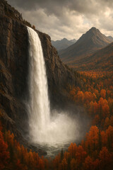 A towering waterfall cascades down a rugged cliff surrounded by an autumn forest with vibrant foliage. Mountain peaks rise in the background under dramatic clouds.AI generated.