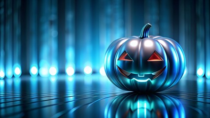 Glowing jack o lantern pumpkins neon metallic Halloween background spooky dark atmosphere creative modern design minimal template for advertising flyer poster banner branding with copy space for text 