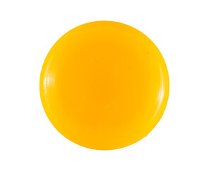 Yellow round badge or fridge magnet, glossy circle button with vibrant color and shiny surface, isolated graphic design element symbol for branding decoration and promotional