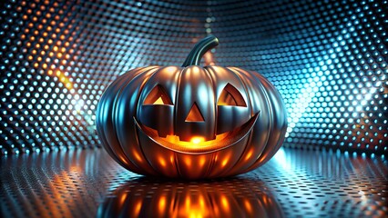 Spooky Halloween pumpkins glowing neon metallic effect jack o lantern faces modern background minimal clean template for flyer poster banner advertising branding with copy space for text or logo place