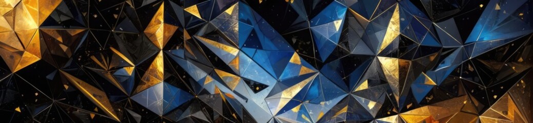 Abstract dark blue and gold geometric background with sparkling jewel facets and stars. A background of multicolored triangles.