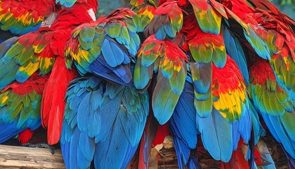 Close-up Shot of Vibrant Colorful Feathers of Several Macaw Parrots