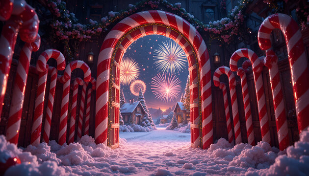 A magical candy cane lane leads to a snowy village with fireworks display