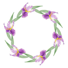 Wreath of violet with yellow irises. Watercolor handmade illustration. For packaging design, cards, cover, prints, product labels and fabric.