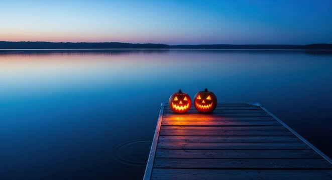 Halloween pumpkin lights illuminate lake dock during the blue hour. These Halloween pumpkin carvings provide a festive scene with night reflections, making it a perfect decoration.