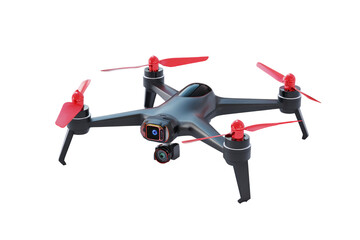 Modern drone PNG with red propellers and integrated camera, isolated on transparent background. High-tech quadcopter cutout for aerial photography, surveillance, and technology design.