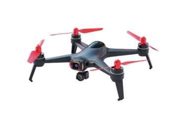 Modern drone PNG with red propellers and integrated camera, isolated on transparent background. High-tech quadcopter cutout for aerial photography, surveillance, and technology design.