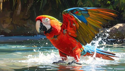 Colorful macaw parrot spreading its wings in the water with splashes