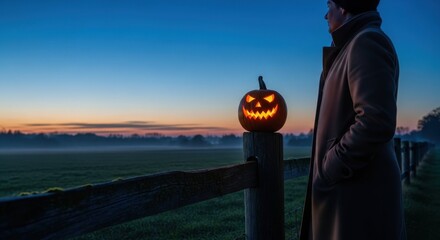 Glowing jack o lantern on weathered wooden fence at dawn, featuring spooky grin. Halloween scene exhibits Glowing jack o lantern alongside countryside landscape, shrouded with early morning fog.