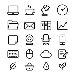 Black office icons set for business and telework illustrations
