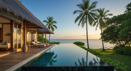 Fototapeta premium Tranquil pool house overlooking ocean
