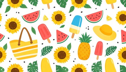 Colorful Summer Pattern: Featuring Sunflowers, Watermelon, and Refreshing Treats