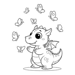 Cute cartoon dragon with butterflies, black and white coloring page