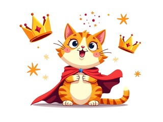 Cat tabby cartoon wears cape with floating crowns